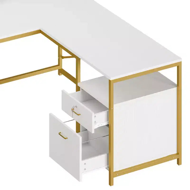 U Shaped Desk With Power Outlets & LED Lights Desk With Drawers Corner Computer Desk Office Desk With Monitor Stand & Storage Shelves White
