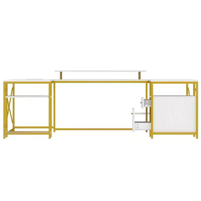 U Shaped Desk With Power Outlets & LED Lights Desk With Drawers Corner Computer Desk Office Desk With Monitor Stand & Storage Shelves White