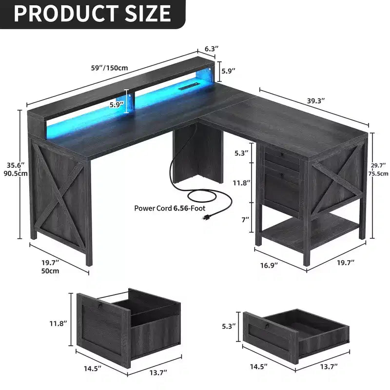 60Inch L Shaped Desk With Charging Station And File Drawer Modern Wood Computer Desk Game Desk Furniture For Home
