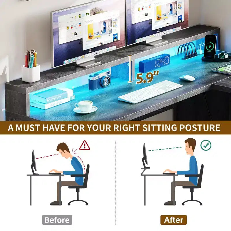 60Inch L Shaped Desk With Charging Station And File Drawer Modern Wood Computer Desk Game Desk Furniture For Home