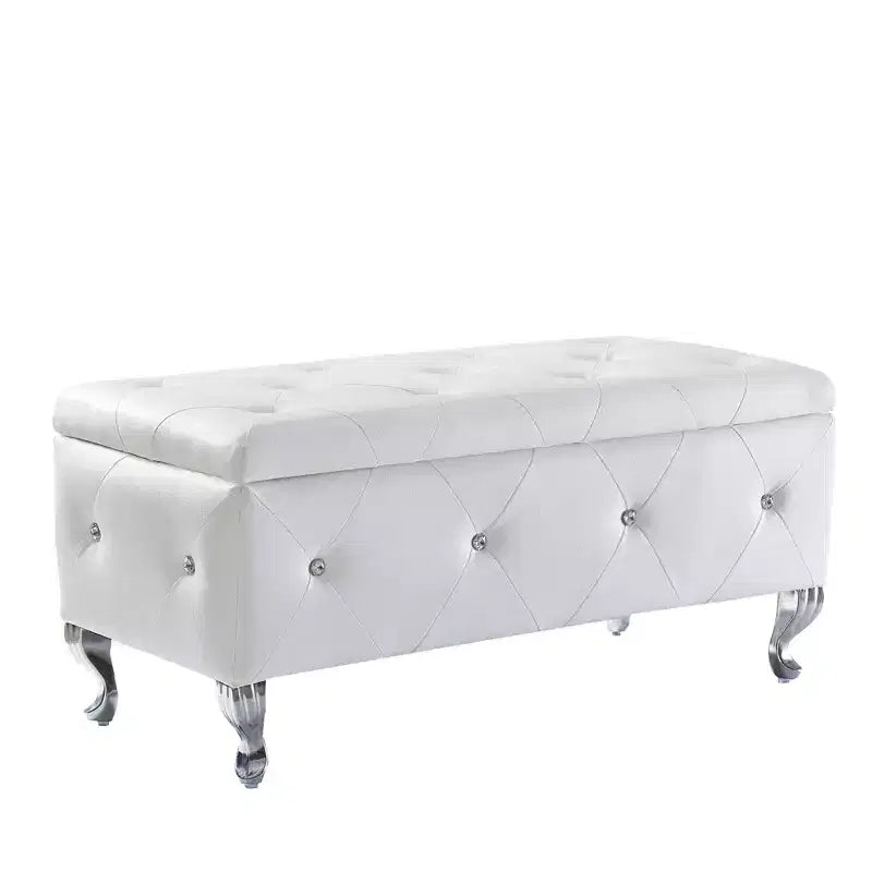 TUYOHW White Faux Leather Storage Ottoman Bench,Ottoman with Crystal Buttons,Metal Legs,Upholstered Rectangular Footrest Bench for Bedroom,Living Room