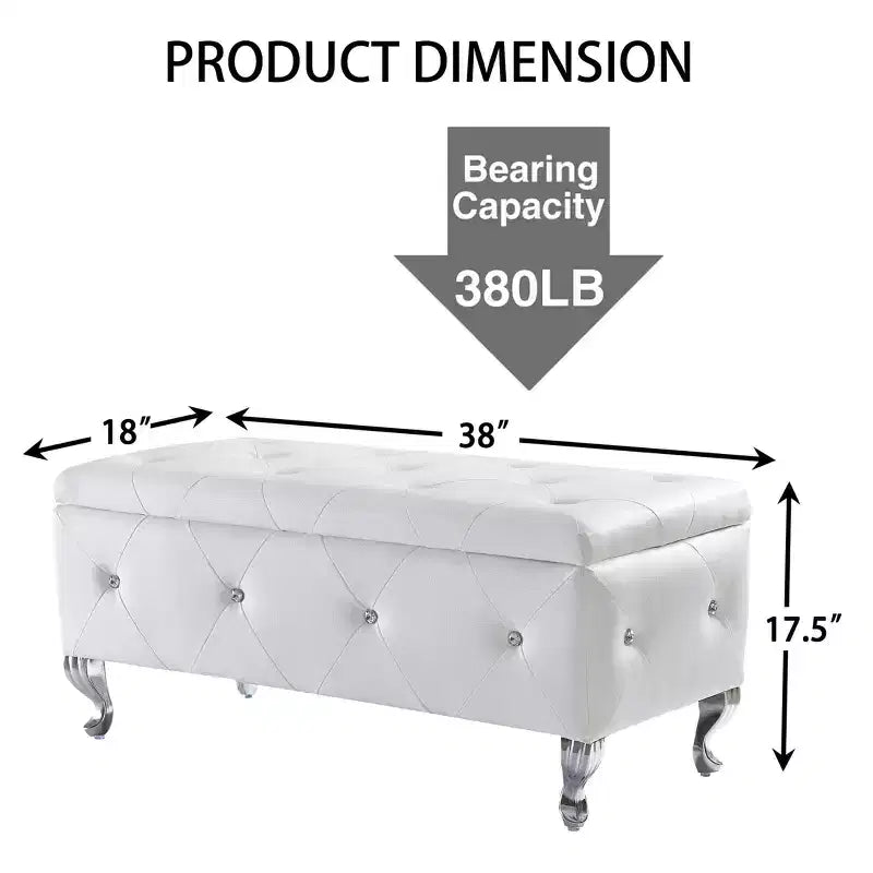 TUYOHW White Faux Leather Storage Ottoman Bench,Ottoman with Crystal Buttons,Metal Legs,Upholstered Rectangular Footrest Bench for Bedroom,Living Room