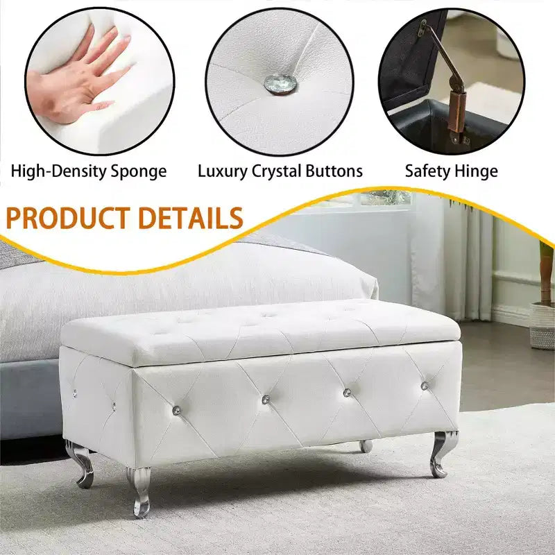 TUYOHW White Faux Leather Storage Ottoman Bench,Ottoman with Crystal Buttons,Metal Legs,Upholstered Rectangular Footrest Bench for Bedroom,Living Room