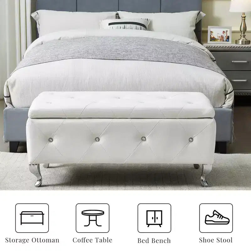 TUYOHW White Faux Leather Storage Ottoman Bench,Ottoman with Crystal Buttons,Metal Legs,Upholstered Rectangular Footrest Bench for Bedroom,Living Room