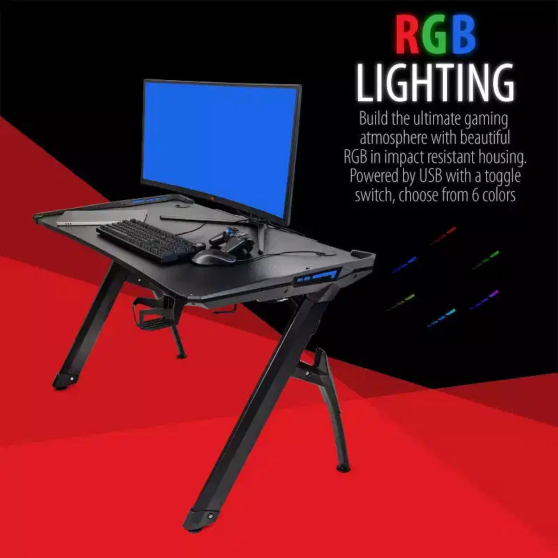 Deco Gear 47 LED Gaming Desk, Carbon Fiber Surface, Cable Management & Headphone Hook