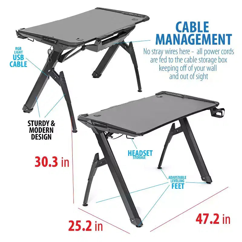 Deco Gear 47 LED Gaming Desk, Carbon Fiber Surface, Cable Management & Headphone Hook