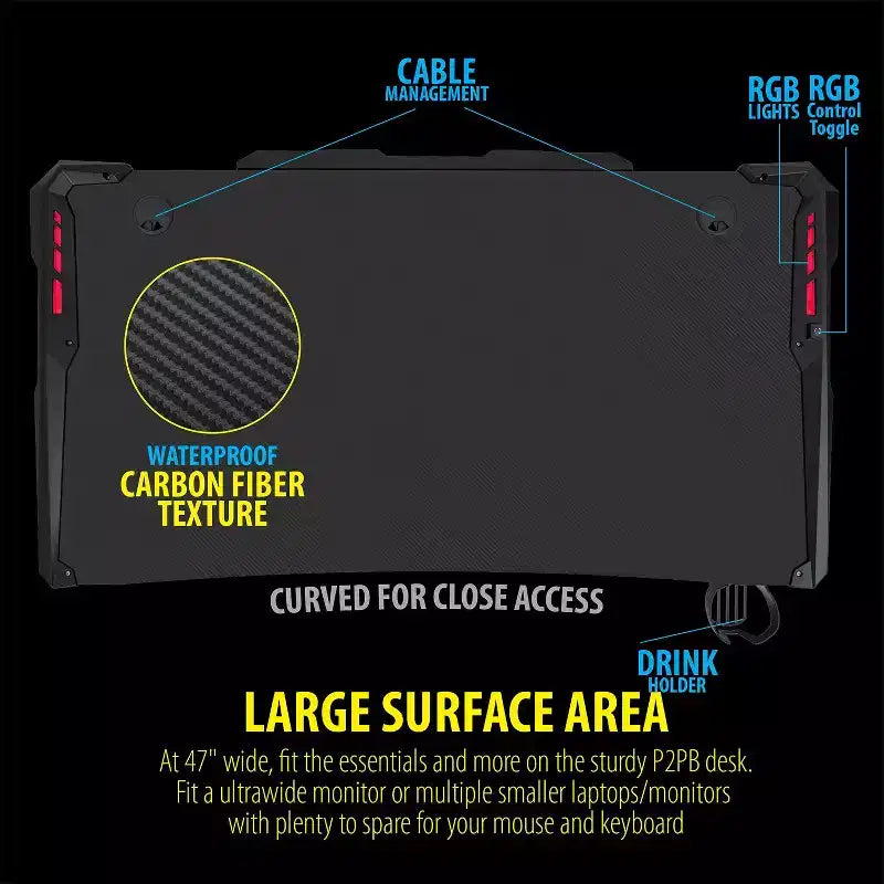 Deco Gear 47 LED Gaming Desk, Carbon Fiber Surface, Cable Management & Headphone Hook