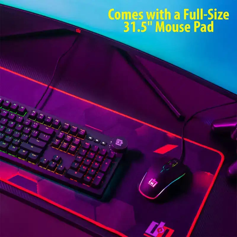 Deco Gear 47 LED Gaming Desk, Carbon Fiber Surface, Cable Management & Headphone Hook