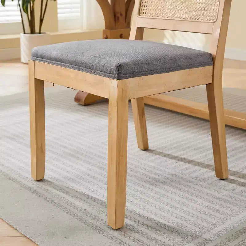 TUYOHW Farmhouse Rattan Dining Chairs Set of 2,Boho Style Side Chairs Soft Linen Upholstered,Solid Rubberwood Kitchen Chairs,Home Decor