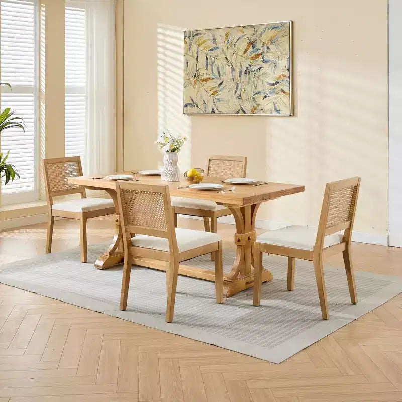 TUYOHW Farmhouse Rattan Dining Chairs Set of 2,Boho Style Side Chairs Soft Linen Upholstered,Solid Rubberwood Kitchen Chairs,Home Decor