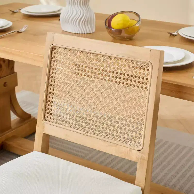 TUYOHW Farmhouse Rattan Dining Chairs Set of 2,Boho Style Side Chairs Soft Linen Upholstered,Solid Rubberwood Kitchen Chairs,Home Decor