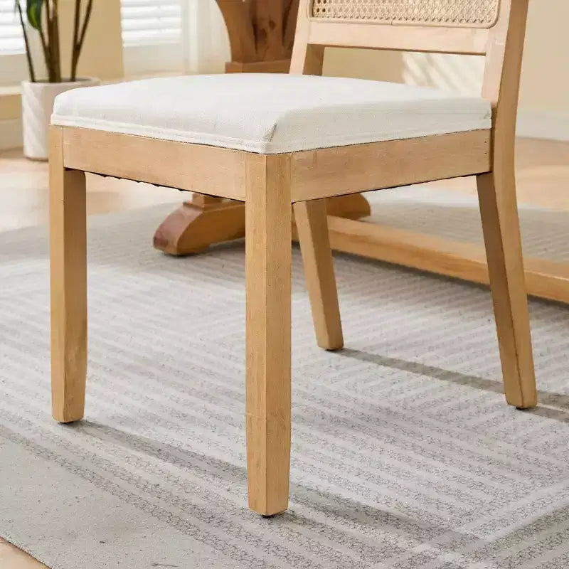 TUYOHW Farmhouse Rattan Dining Chairs Set of 2,Boho Style Side Chairs Soft Linen Upholstered,Solid Rubberwood Kitchen Chairs,Home Decor