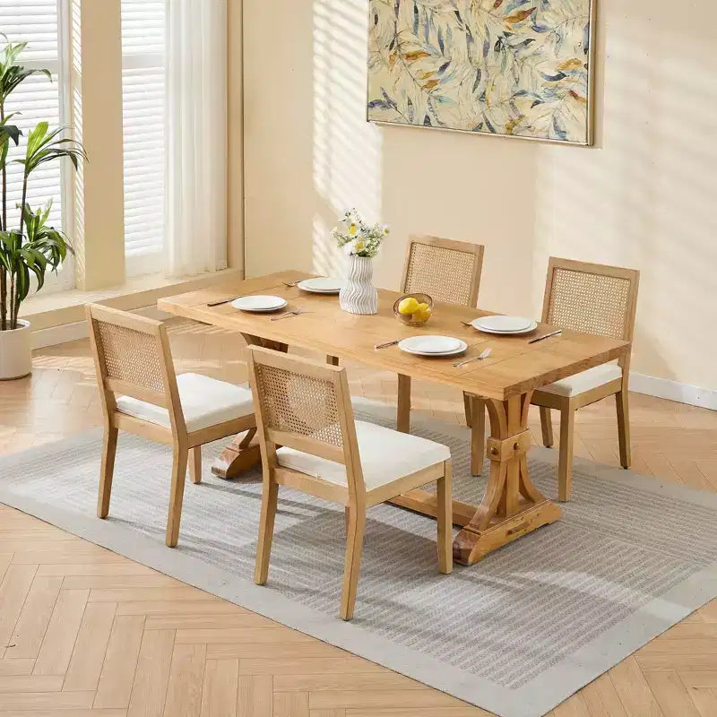 TUYOHW Farmhouse Rattan Dining Chairs Set of 2,Boho Style Side Chairs Soft Linen Upholstered,Solid Rubberwood Kitchen Chairs,Home Decor