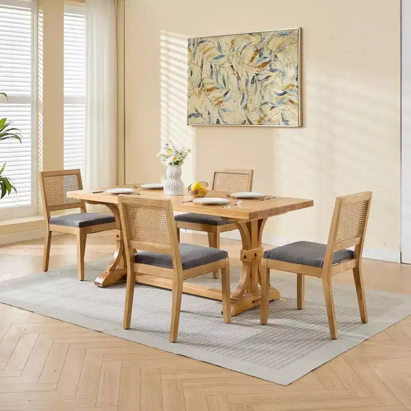 TUYOHW Farmhouse Rattan Dining Chairs Set of 2,Boho Style Side Chairs Soft Linen Upholstered,Solid Rubberwood Kitchen Chairs,Home Decor