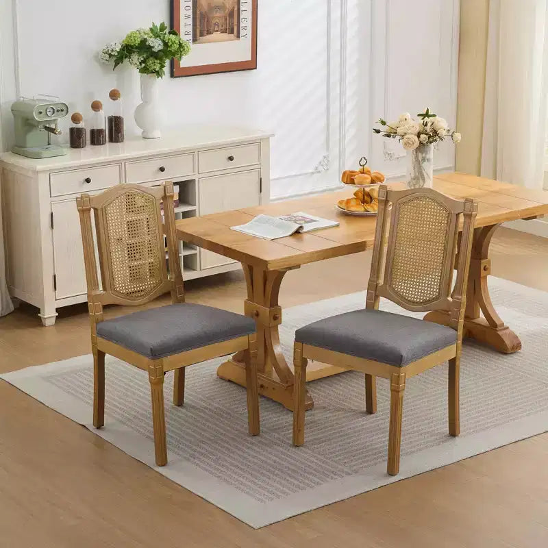 TUYOHW King Louis Chairs Set of 2,Rattan Back French Decor Side Chairs with Solid Rubberwood Legs,Soft Linen Upholstery,300lbs Capacity