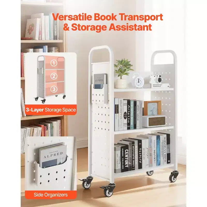 VEVOR Rolling Library Book Cart, 330 lbs Capacity, 30.3 x 15 x 48.0-Inch Library Cart,Single Sided L-Shaped Shelves with 3-Inch Lockable Wheels,White