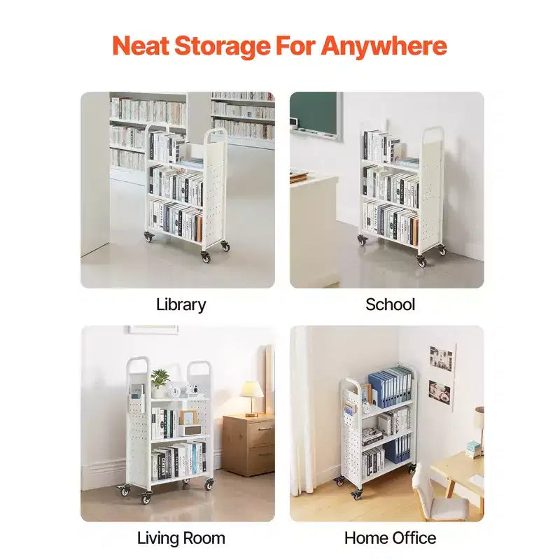 VEVOR Rolling Library Book Cart, 330 lbs Capacity, 30.3 x 15 x 48.0-Inch Library Cart,Single Sided L-Shaped Shelves with 3-Inch Lockable Wheels,White