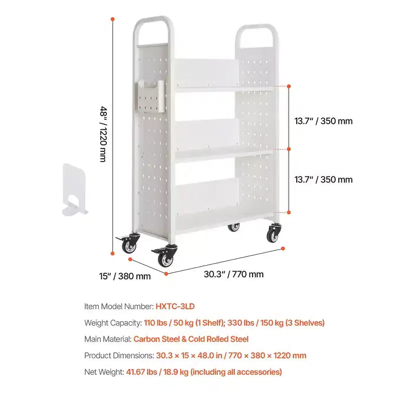 VEVOR Rolling Library Book Cart, 330 lbs Capacity, 30.3 x 15 x 48.0-Inch Library Cart,Single Sided L-Shaped Shelves with 3-Inch Lockable Wheels,White