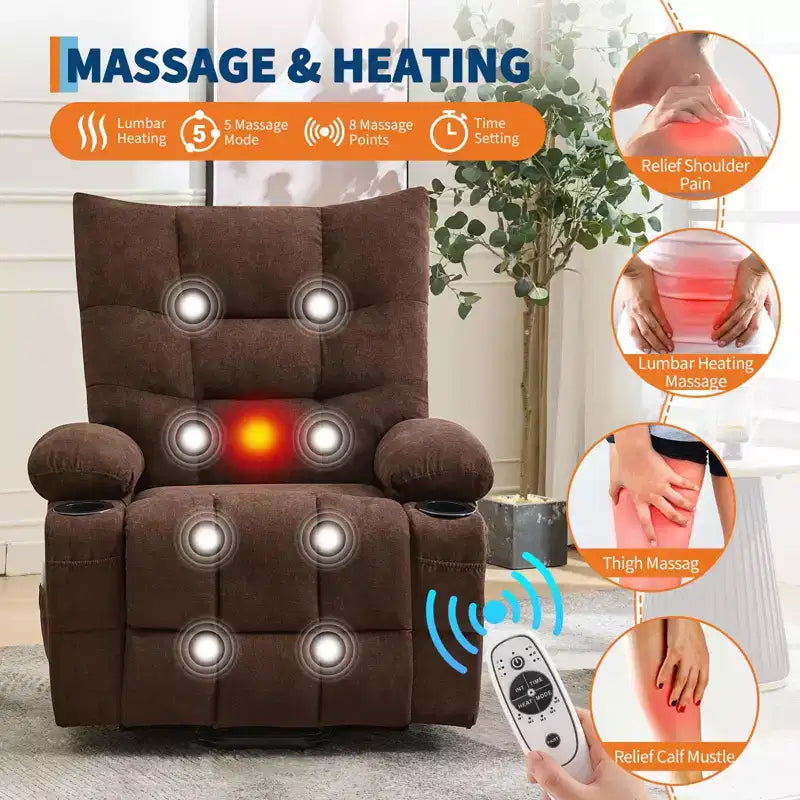 Power Lift Recliner Chair for Elderly - Electric Massage & Heat Recliner with 45 Assist Stand, Living Room Sofa, Swivel Rocker with Cup Holders