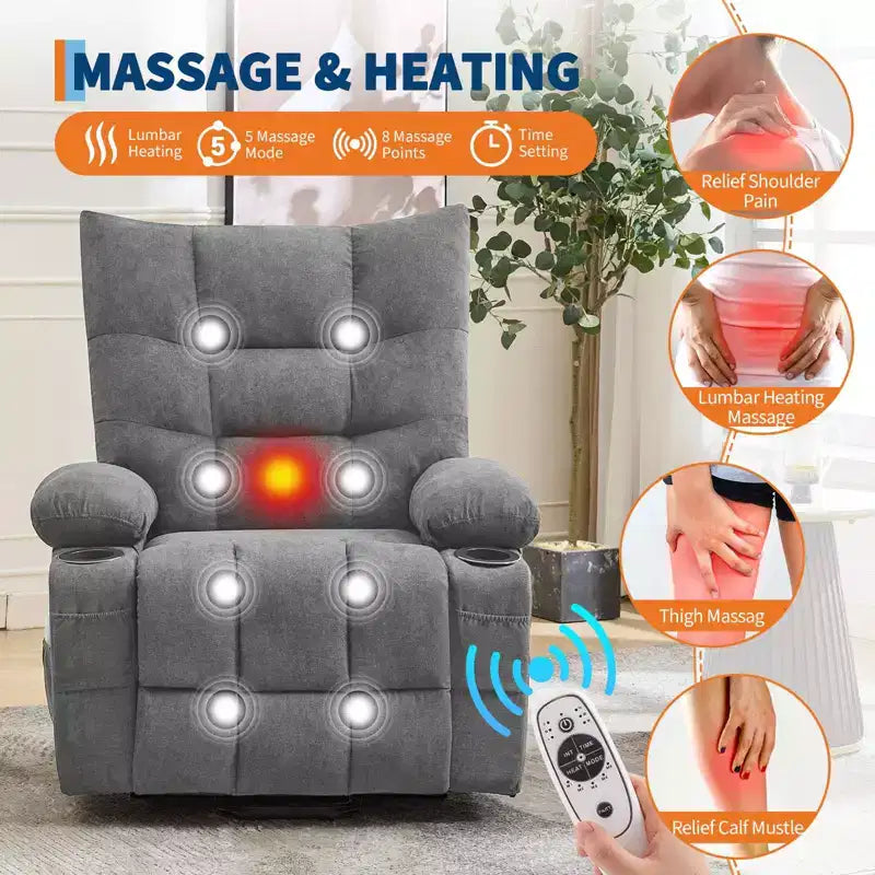 Power Lift Recliner Chair for Elderly - Electric Massage & Heat Recliner with 45 Assist Stand, Living Room Sofa, Swivel Rocker with Cup Holders