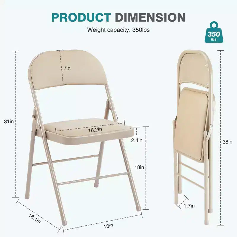 TUYOHW 18 Foldable Dining Chairs Set of 2/4,Waterproof Leather Side Chairs for Kitchen and Dining Room,Sturdy Metal Legs with 350lbs Capacity