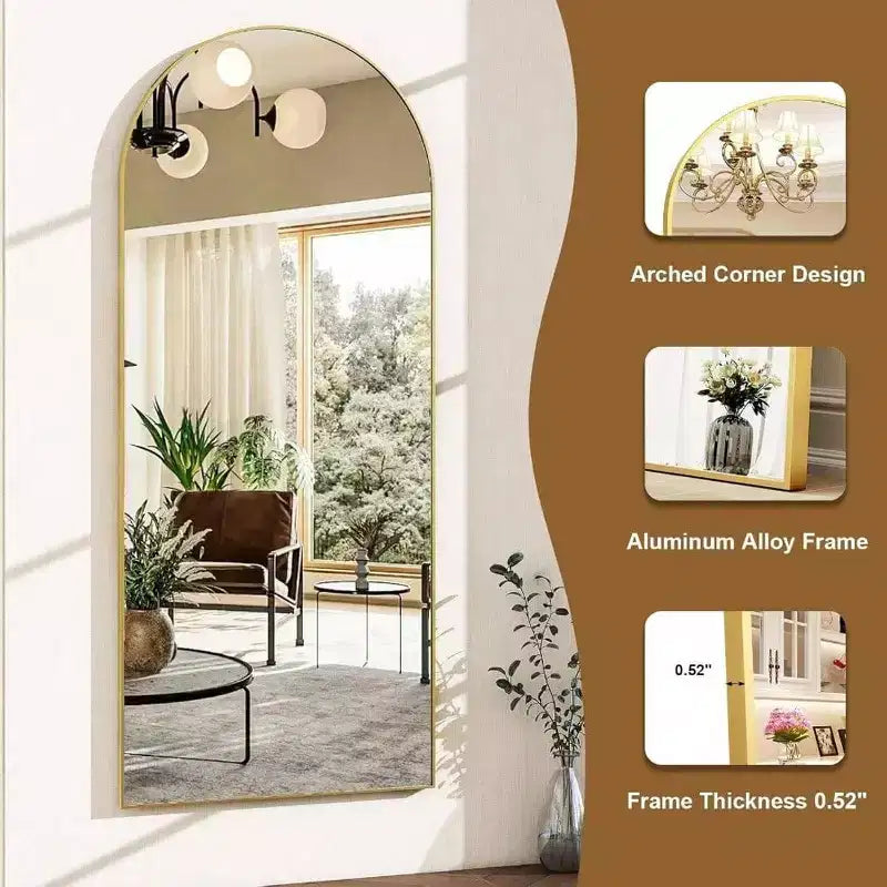 56 Inchx 21 Inch Full Length Mirror Arch Floor with Aluminum Alloy Frame Gold Standing Wall Mounted Leaning Large Bedroom