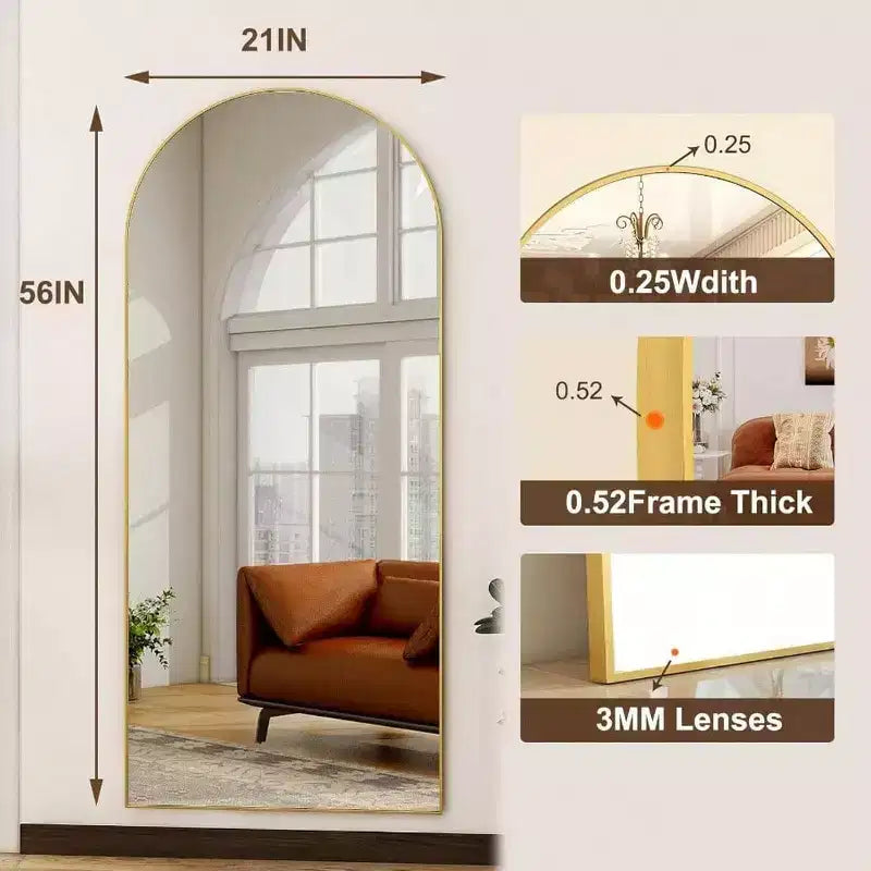 56 Inchx 21 Inch Full Length Mirror Arch Floor with Aluminum Alloy Frame Gold Standing Wall Mounted Leaning Large Bedroom