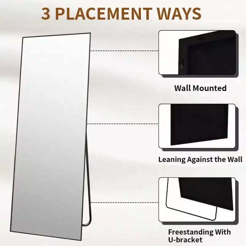 Mirror Full Length 21 inchx 57 inch Floor Mirror with Stand Aluminum Alloy Frame Black Standing Hanging or Leaning Against Wall