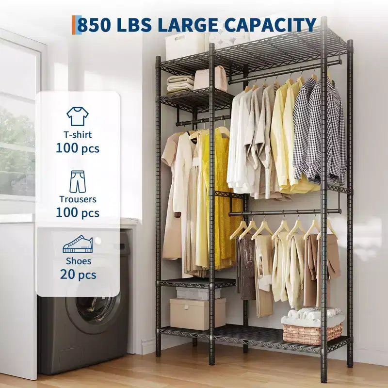 Heavy Duty Steel Clothing Rack with Shelves, Adjustable Freestanding Wardrobe System, 850lb Capacity, 45 or 73 Wide, Black