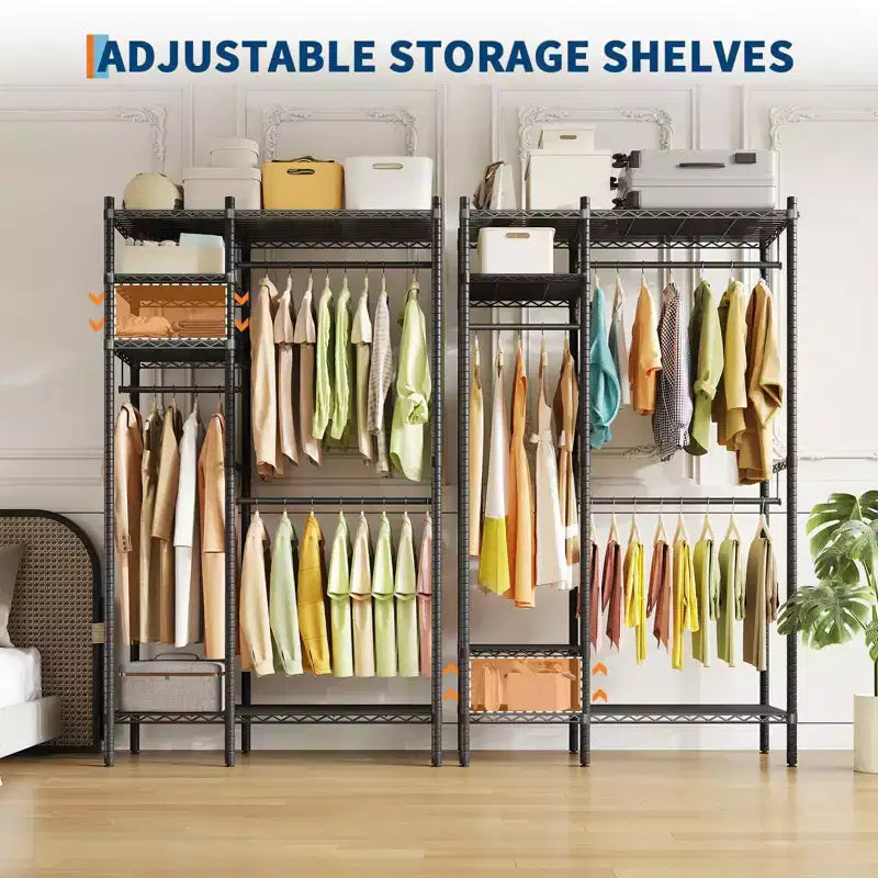 Heavy Duty Steel Clothing Rack with Shelves, Adjustable Freestanding Wardrobe System, 850lb Capacity, 45 or 73 Wide, Black