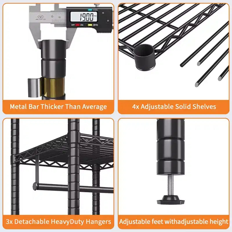 Heavy Duty Steel Clothing Rack with Shelves, Adjustable Freestanding Wardrobe System, 850lb Capacity, 45 or 73 Wide, Black