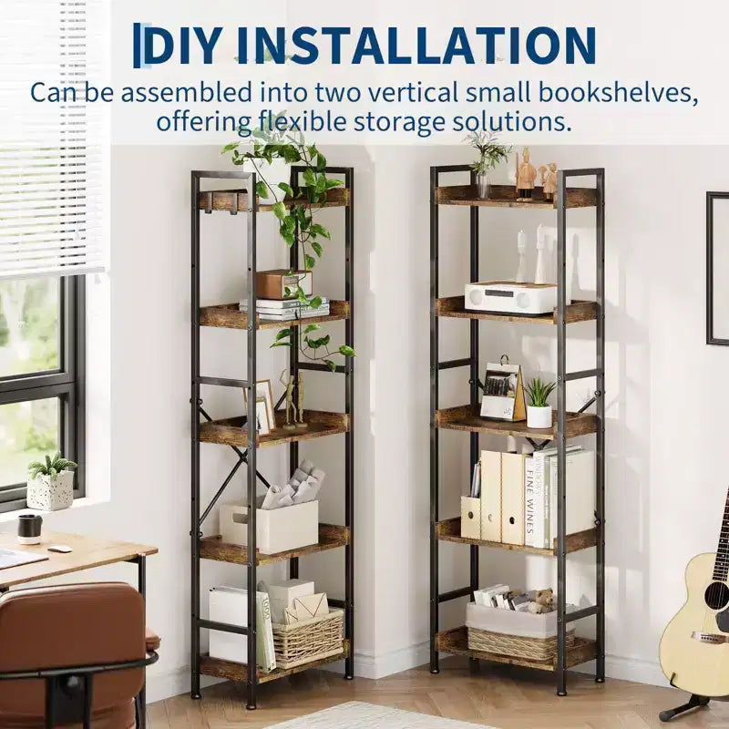 GustoWave Triple 5-Tier Bookshelf, 14-Shelf Industrial Bookcase with Divisible Design, 55lb per Shelf, for Home Office, Brown