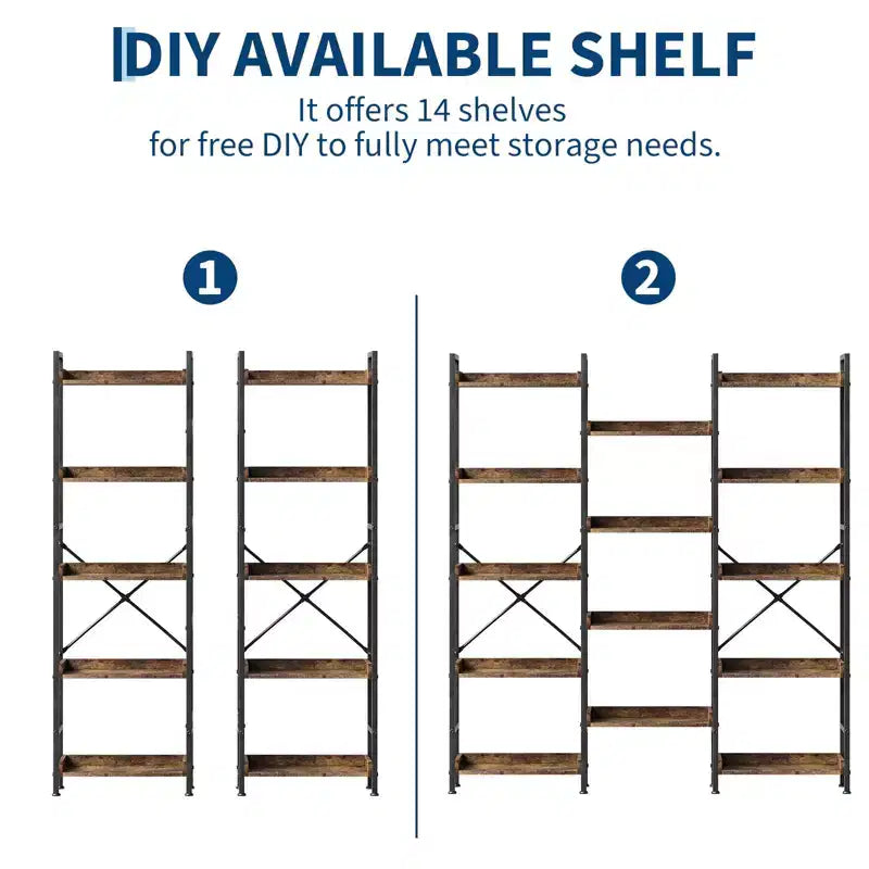 GustoWave Triple 5-Tier Bookshelf, 14-Shelf Industrial Bookcase with Divisible Design, 55lb per Shelf, for Home Office, Brown