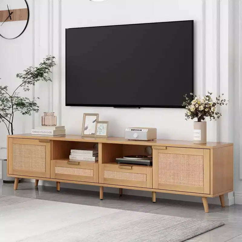 MAYEERTY Rattan TV Stand for TVs up to 85, Modern Farmhouse Media Console, Entertainment Center with Solid Wood Legs for Living Room Beige