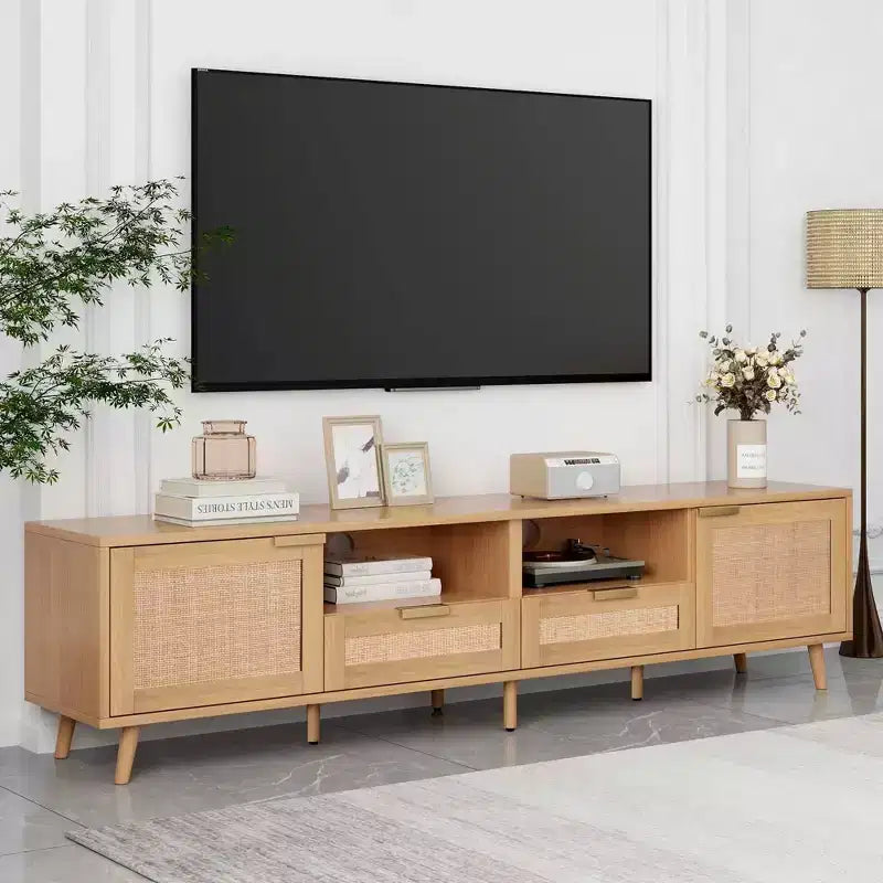 MAYEERTY Rattan TV Stand for TVs up to 85, Modern Farmhouse Media Console, Entertainment Center with Solid Wood Legs for Living Room Beige