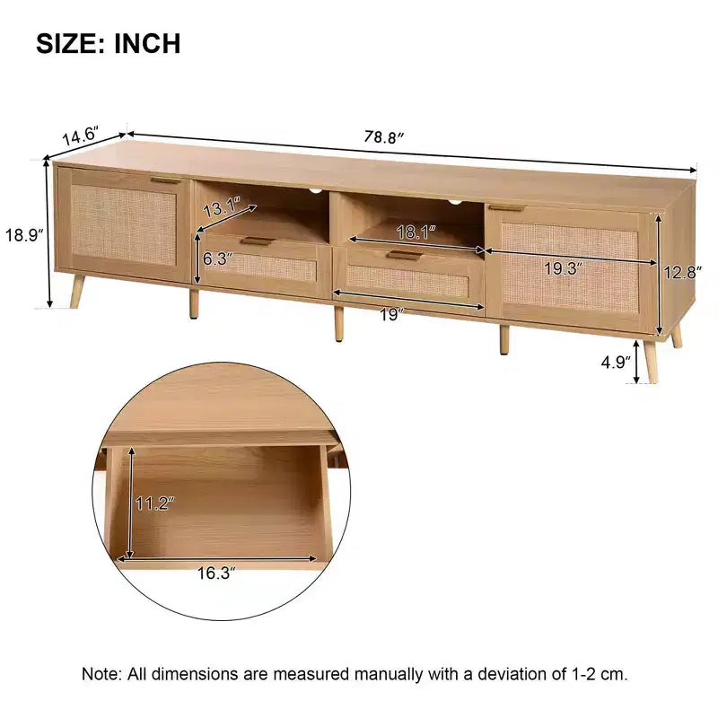 MAYEERTY Rattan TV Stand for TVs up to 85, Modern Farmhouse Media Console, Entertainment Center with Solid Wood Legs for Living Room Beige