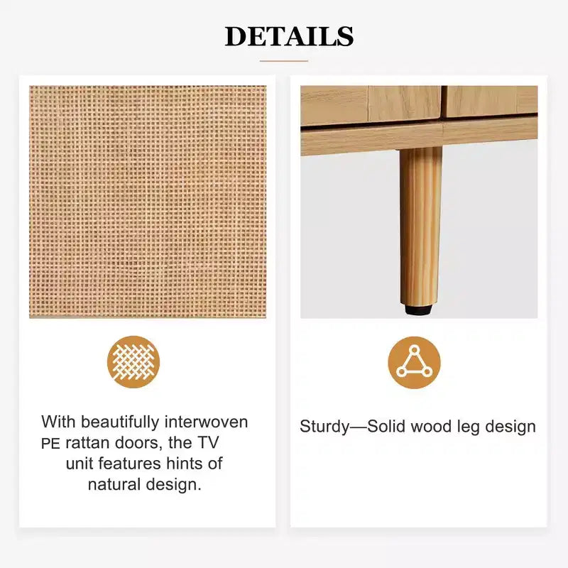 MAYEERTY Rattan TV Stand for TVs up to 85, Modern Farmhouse Media Console, Entertainment Center with Solid Wood Legs for Living Room Beige