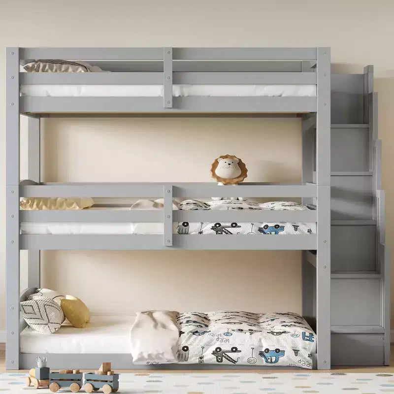 Full Size Triple Bunk Bed with Storage Staircase, Separate Design Wood Bed Frame - ModernLuxe