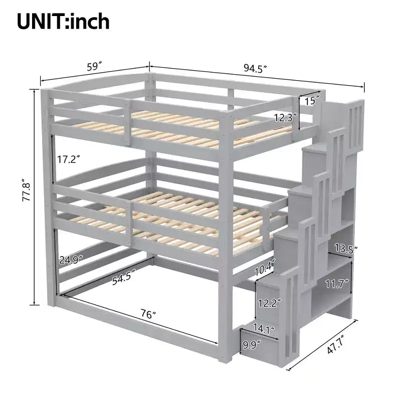 Full Size Triple Bunk Bed with Storage Staircase, Separate Design Wood Bed Frame - ModernLuxe