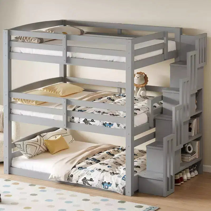 Full Size Triple Bunk Bed with Storage Staircase, Separate Design Wood Bed Frame - ModernLuxe