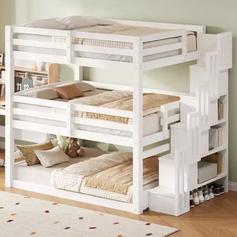 Full Size Triple Bunk Bed with Storage Staircase, Separate Design Wood Bed Frame - ModernLuxe
