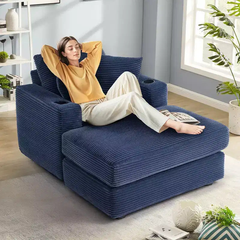 Hyleory Corduroy Chaise Lounge Chair Single Seater Recliner with Ottoman Modern Accent Chair for Living Room or Bedroom