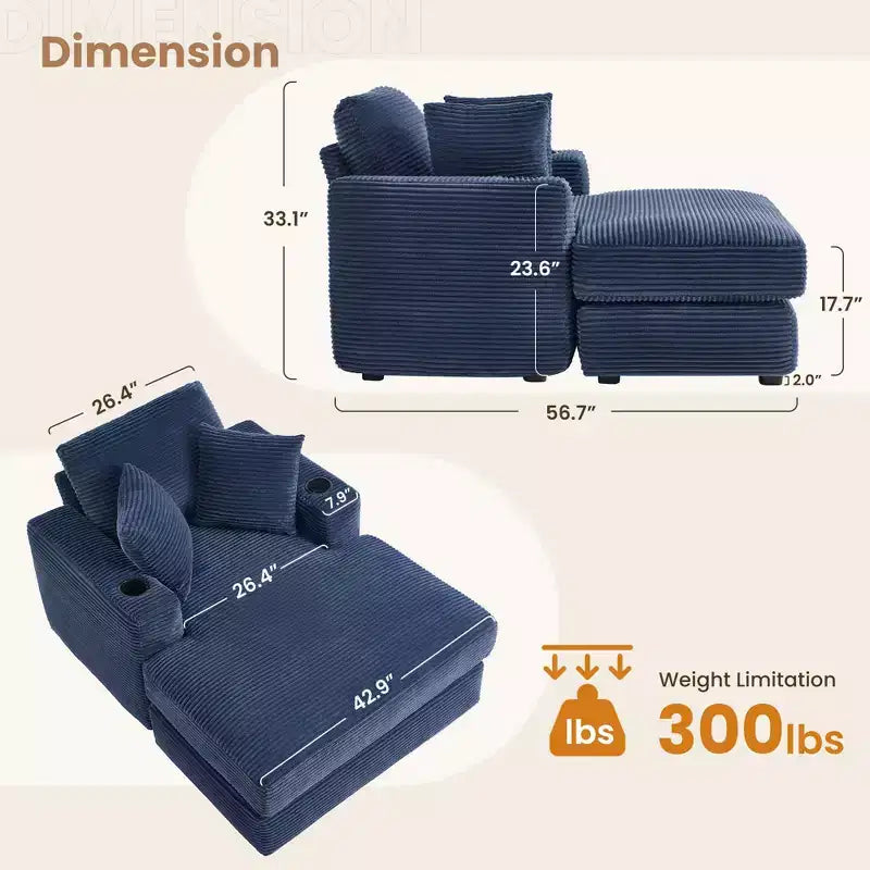 Hyleory Corduroy Chaise Lounge Chair Single Seater Recliner with Ottoman Modern Accent Chair for Living Room or Bedroom