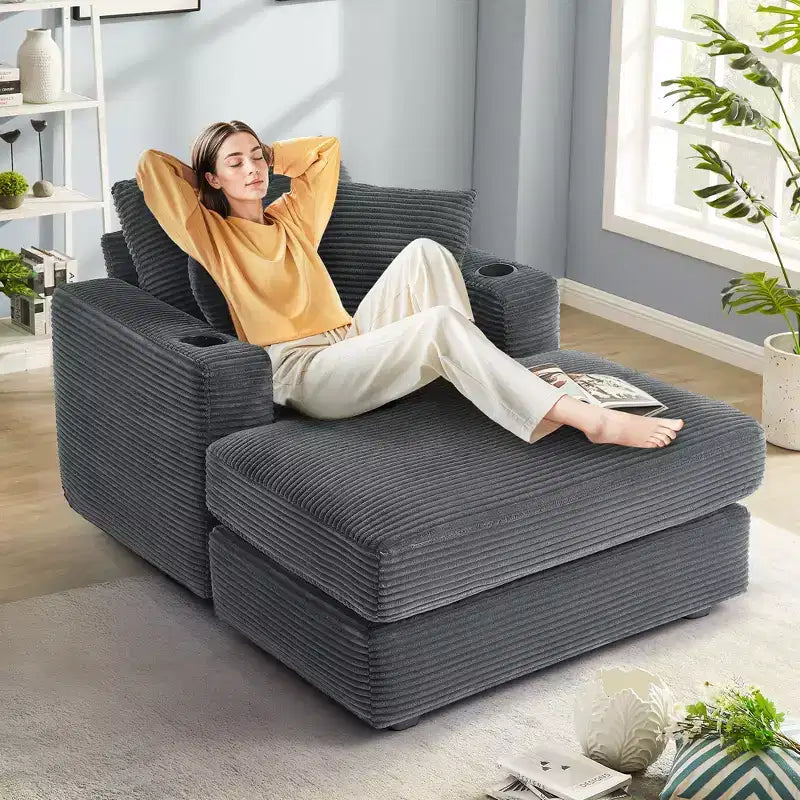 Hyleory Corduroy Chaise Lounge Chair Single Seater Recliner with Ottoman Modern Accent Chair for Living Room or Bedroom