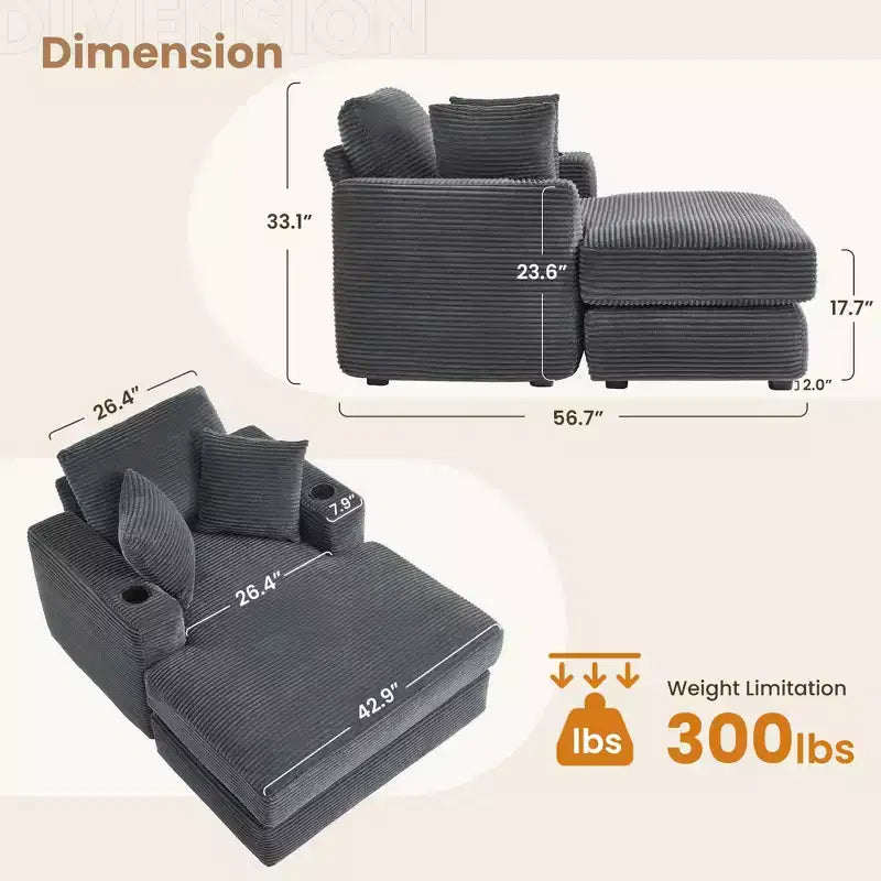 Hyleory Corduroy Chaise Lounge Chair Single Seater Recliner with Ottoman Modern Accent Chair for Living Room or Bedroom