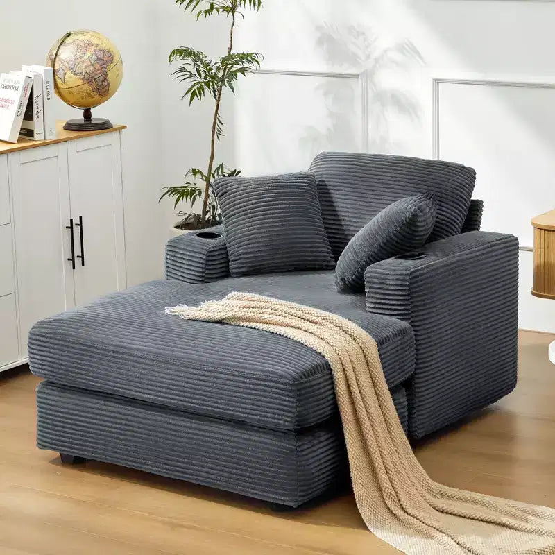 Hyleory Corduroy Chaise Lounge Chair Single Seater Recliner with Ottoman Modern Accent Chair for Living Room or Bedroom