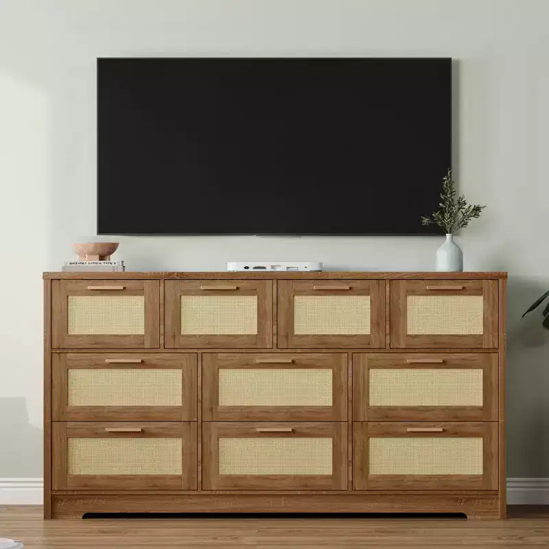 Rattan Dresser for Bedroom with 10 Drawer, Large Wood Chest of Drawers with Gold Metal Handles, Boho Wide Dresser for Bedroom, Living Room
