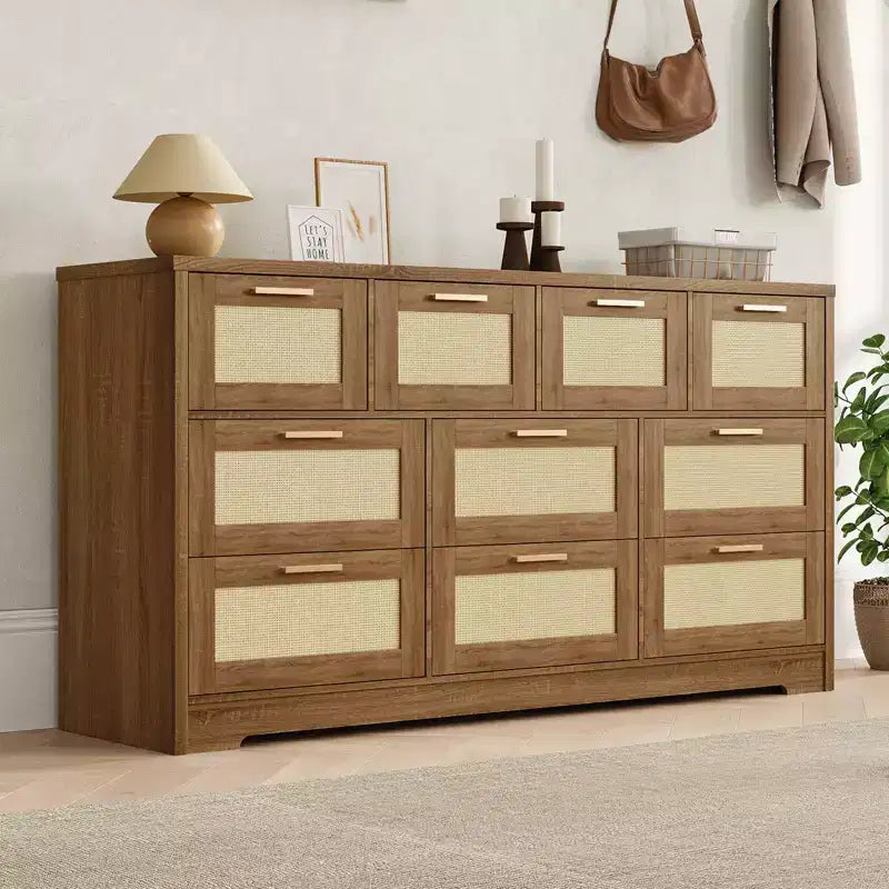Rattan Dresser for Bedroom with 10 Drawer, Large Wood Chest of Drawers with Gold Metal Handles, Boho Wide Dresser for Bedroom, Living Room