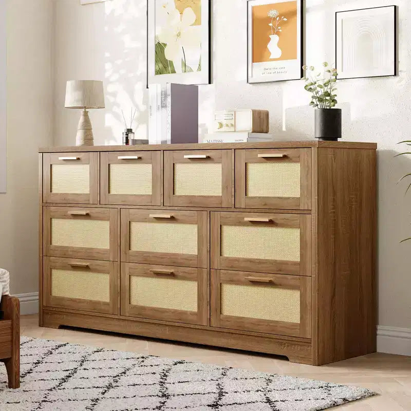 Rattan Dresser for Bedroom with 10 Drawer, Large Wood Chest of Drawers with Gold Metal Handles, Boho Wide Dresser for Bedroom, Living Room