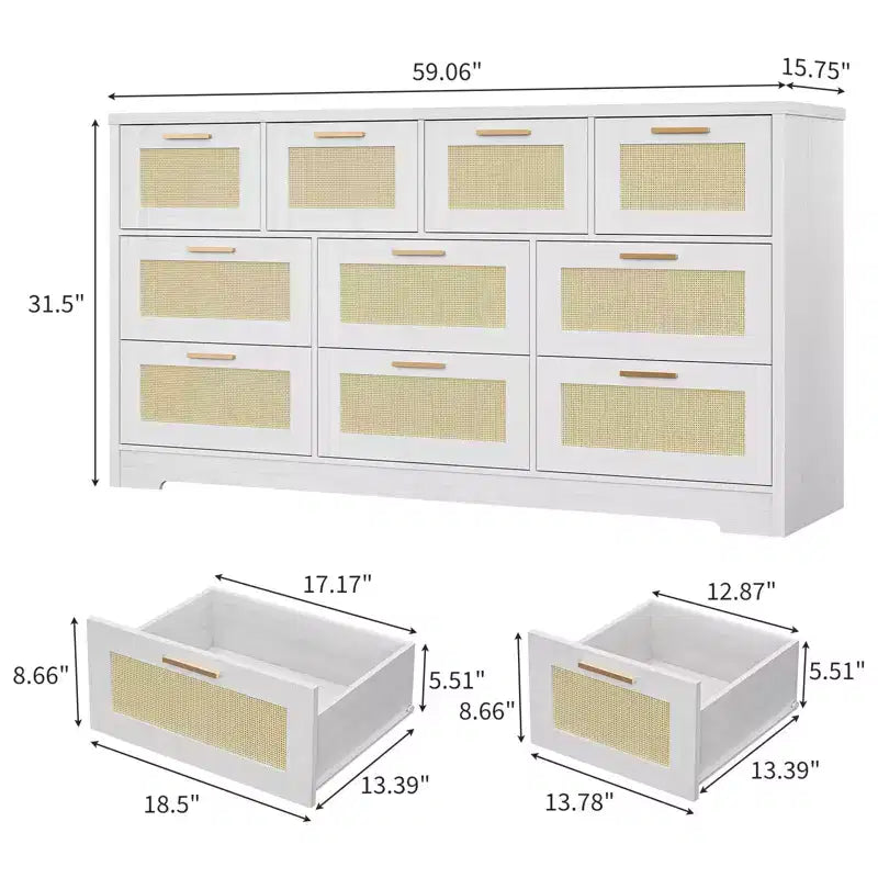 Rattan Dresser for Bedroom with 10 Drawer, Large Wood Chest of Drawers with Gold Metal Handles, Boho Wide Dresser for Bedroom, Living Room